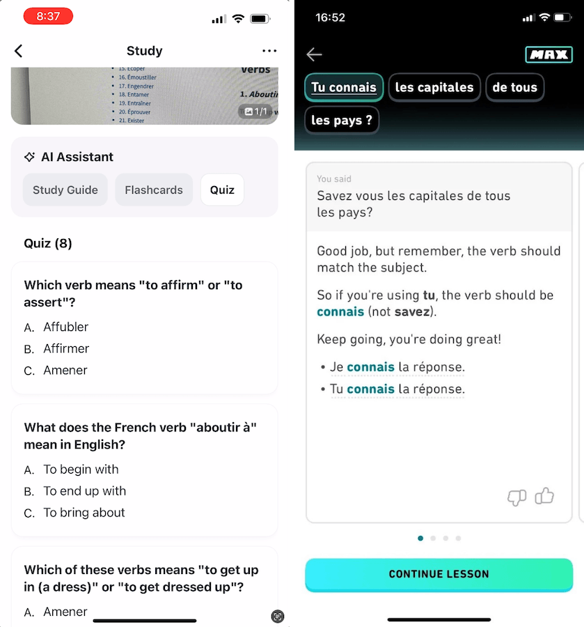 Gauth’s Study Converter turns captured content into quizzes, flashcards, and study guides, and Duolingo’s Explain My Answer gives detailed feedback on incorrect answers.