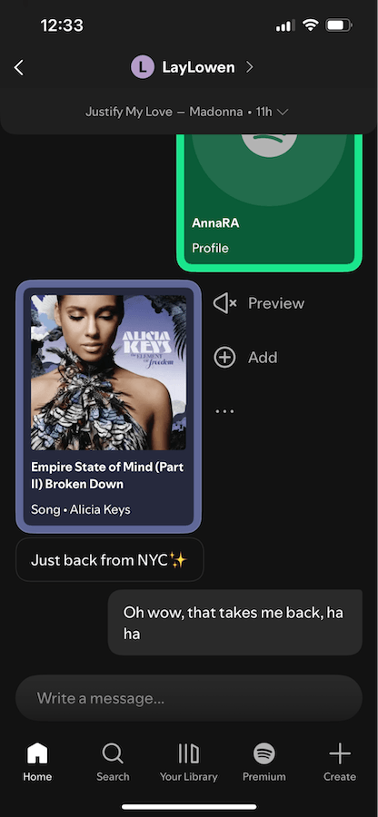 Sharing music in a Spotify DM thread enables a smooth transition from listening to a conversation surface and back.